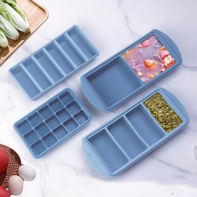 Silicone Freezer Molds Gift Set with 2 Tbsp, 1/2, 1, and 2 Cup Silicone Freezer Trays With Lids - Meal Prep and Kitchen Essentials Bundle (Blue 8 Pack)