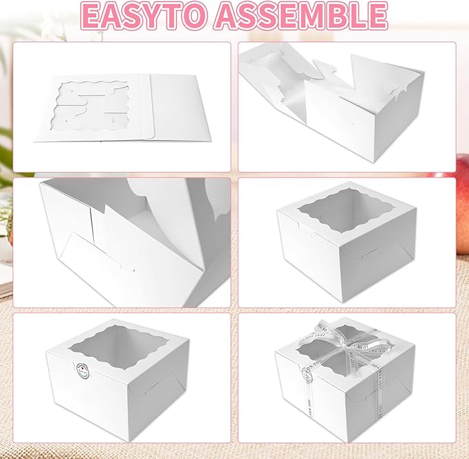 8x8x5 Cake Box, 28 Sets Cake Box with Window ＆ 28 Sets 8" White Cake Round Boards, 8inch Cake Containers(White, 885inch/28pcs)