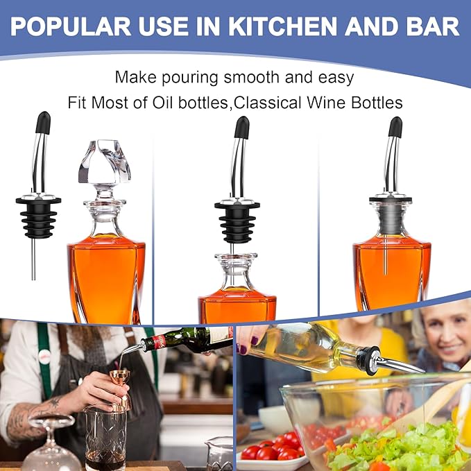 96-Pack Stainless Steel Pour Spouts for Liquor Bottles Oil Vinegar and Wine,Liquor Bottle Pourers with Rubber Dust Caps,Bar accessories,Pourers for Bartending