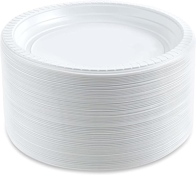 PLASTICPRO Round Plastic Plates And Bowls Microwaveable, Disposable, White, Dinnerware (800, 7'' Inch Plates)