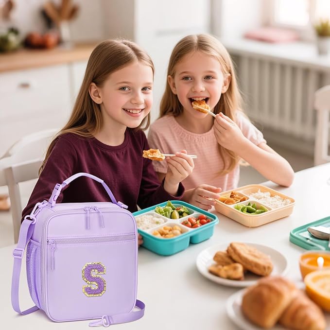 Initial Insulated Lunch Bag for Girls Kids, Back to School Gift, Reusable Leak-proof Lunch Box with Adjustable Strap for School Daycare Travel Picnic (Purple,S)