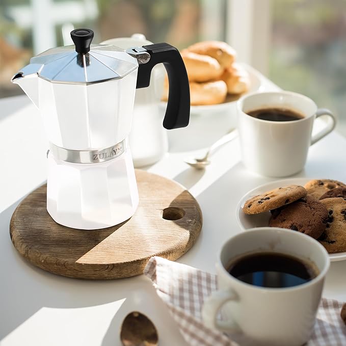 Zulay Moka Pot Espresso Stovetop Coffee Maker - Leak-Proof, Stainless Steel, Easy to Clean, Heat Resistant Handle & Knob - for Authentic Cuban & Italian Style Espresso - Makes 3 Espresso Cups - White