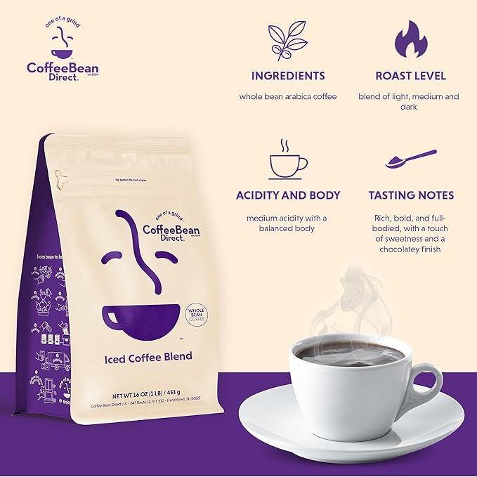 Coffee Bean Direct Iced Coffee Blend, Whole Bean Coffee, Mixed Roast Level, 1 Pound Bag (Pack of 1)