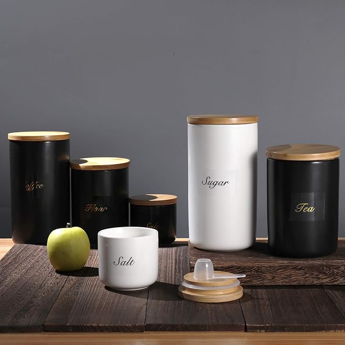 Yangbaga Black Ceramic Canister Set for Kitchen-Set of 3 Kitchen Canisters for Countertop with Airtight Wood,Large Kitchen Storage for Flour,Suger,Coffee-Modern Countertop Decor
