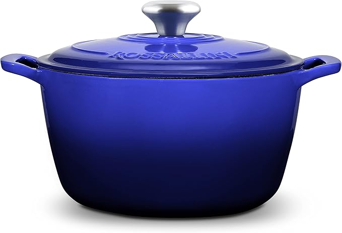 Signature Enameled Cast Iron Dutch Oven, Non-Stick Serving Pot with Tight Fitting Lid for Perfect Roasting, Baking, Sauteing, and Bread Making | 4.5Q (4.2L) - Indigo Blue
