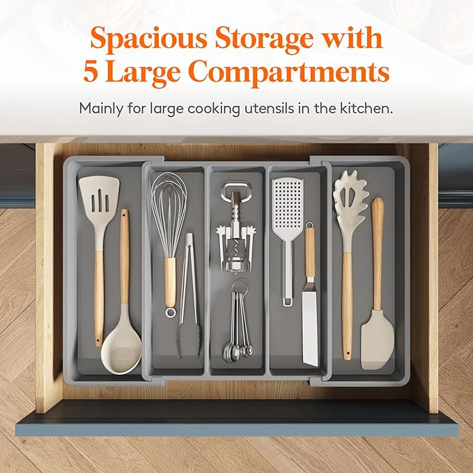 Lifewit Plastic Utensil Organizer for Kitchen Drawers, Expandable 13 to 22.4 Inches Wide, Adjustable Cutlery Silverware Flatware Holder, Kitchen Spatula Tools and Gadgets Storage Divider, Large, Gray
