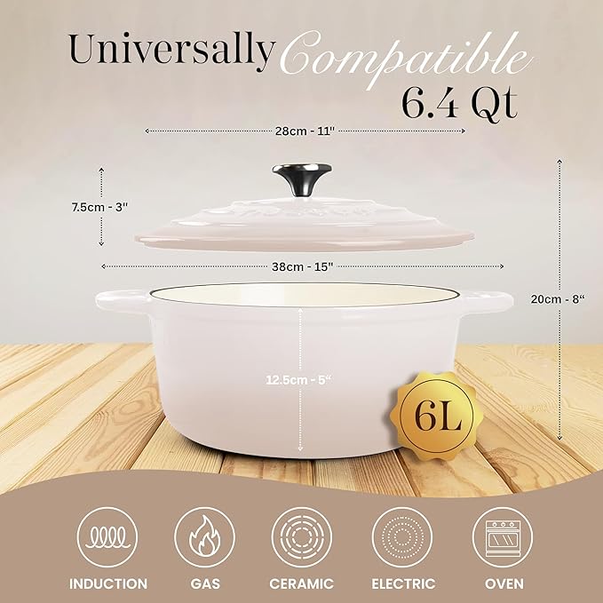 Nuovva Enamelled Cast Iron Dutch Oven Pot with Lid 6.4 Quart Non Stick Casserole Pot – Heavy Duty & Oven Safe up to 500° F for Bread Baking, Braising, Stews, Roasting – 28cm Oyster