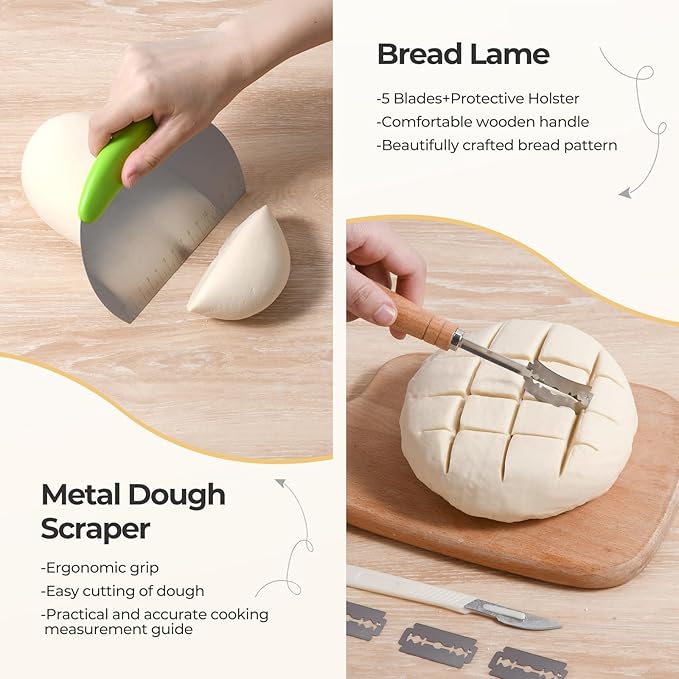 Silicone Banneton Bread Proofing Basket Set, 2 Foldable Sourdough Proofing Baskets (9" Round & 10" Oval), Complete Set for Bread Making With Essential Tools, Green