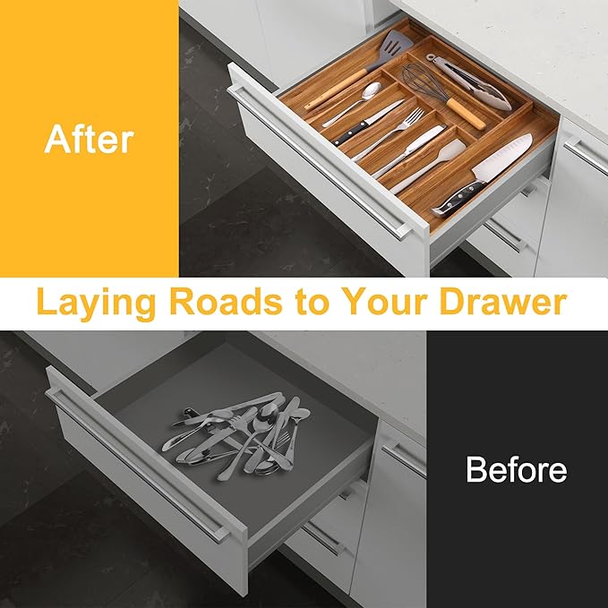Large Premium Acacia Silverware Organizer - Expandable Drawer Organizer & Utensil Organizer - 17"x19.7" Cutlery Tray with Dividers for Kitchen Utensils and Flatware (7-9 Slots) Acacia