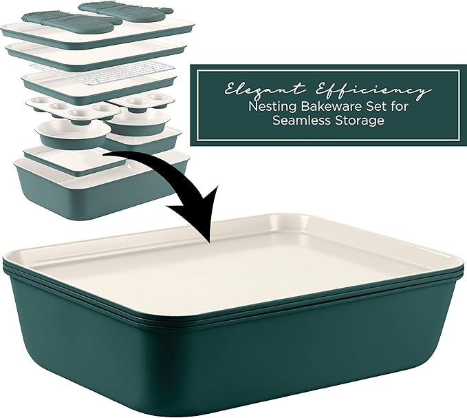 Country Kitchen Nonstick Stackable Bakeware Set - Deluxe Heavy Duty, Durable, Easy Release Baking Set, Sage, 13 Pcs