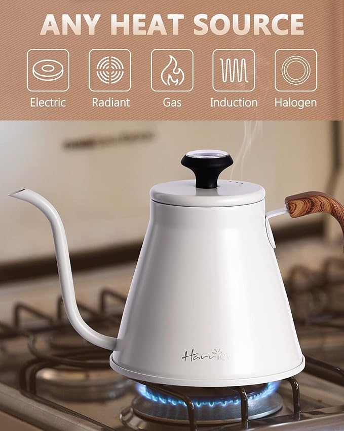 Harriet Gooseneck Kettle with Thermometer for Pour Over Coffee and Tea, 37 fl oz, Stainless Steel, Durable 3-Layer Base, Ideal Spout for Precision Pouring, Compatible with all Stove Tops, White