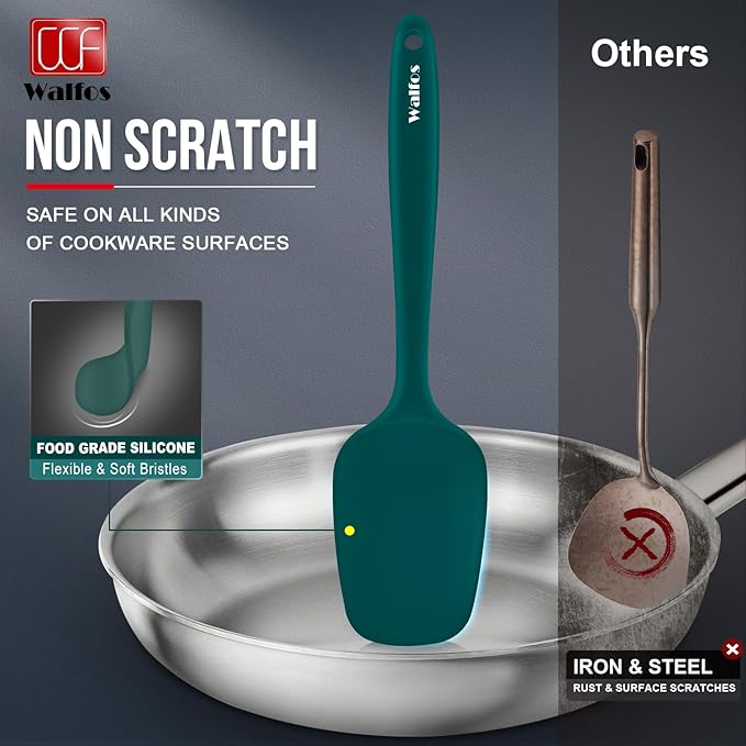 Walfos Silicone Spatula Set of 7 - (600°F) High Heat Resistant Dark Green Kitchen Scraper Spatulas, One-Pieces Seamless Design, Perfect for Cooking Mixing & Baking - BPA Free and Dishwasher Safe
