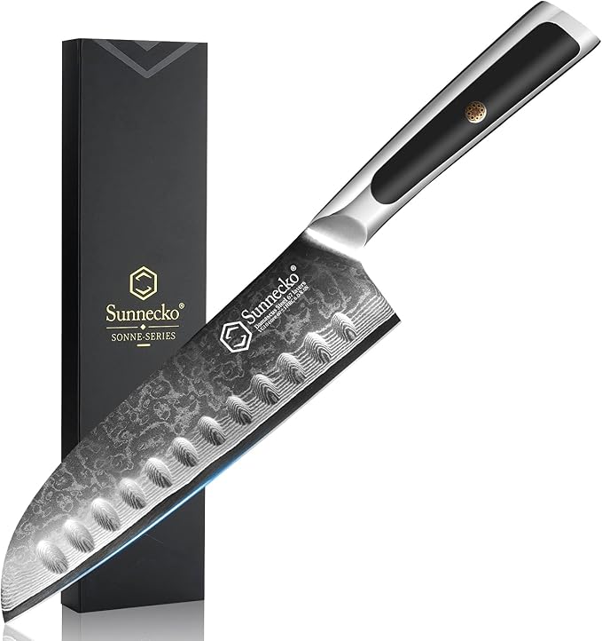 Sunnecko Santoku Knife 7 inch, Damascus Chef Knife VG-10 Steel Blade Japanese Knife, Sharp Kitchen Knife with Solid Handle Chopping Knife Perfect for Professional Home Use Cutting Knife