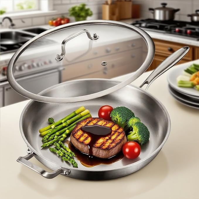 DELARLO Stainless Steel Pan, 14.2 Inch Frying Pan, Tri-Ply Skillet with Lid, Oven Safe Up to 600℉, Stainless Steel Cookware, Fast Even Heat, Large Cooking Surface,Non Toxic Large Skillet