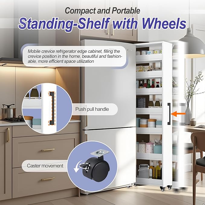7-Tier Slim Storage Cart, Wooden Rolling Pantry Cabinet with Wheels, Narrow Shelf Organizer for Kitchen, Bakers Rack, Dining Room, Closet, Small Spaces Gray 47.2" H*5.9" W*23.6" D