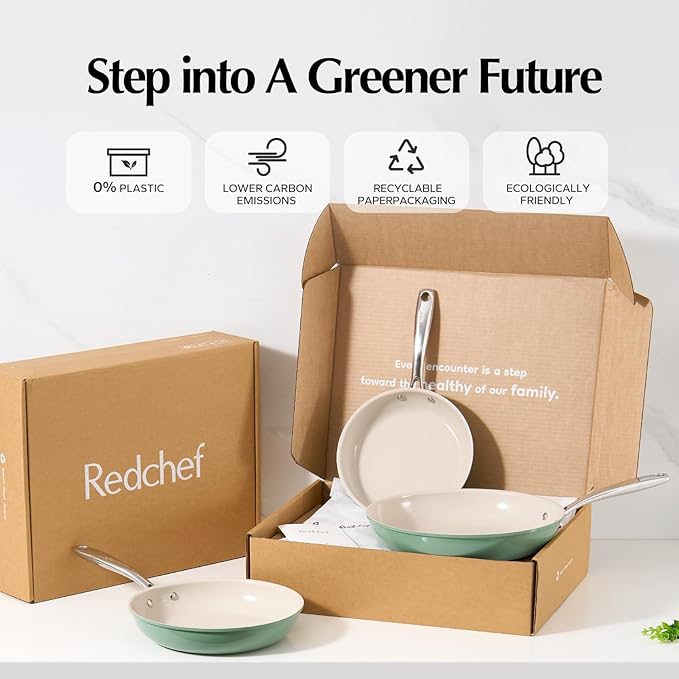 Redchef Non Stick Ceramic Frying Pan Set, Non Toxic Ceramic Pans for Cooking, 8" 9.5" 11" Skillet Set, No PFAS & PTFE & PFOA with Stainless Steel Handle, Dishwasher & Oven Safe Max up to 842°F (Green)