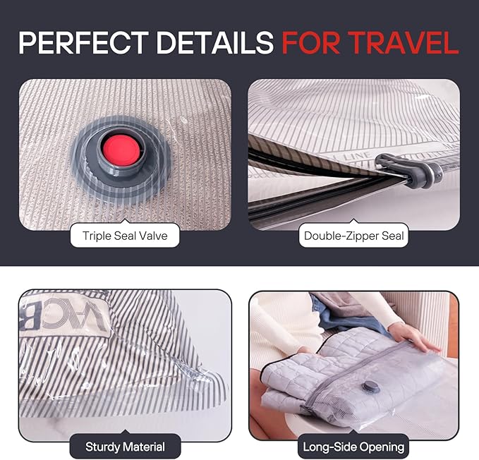 VMstr 12 Pack Vacuum Seal Bags for Clothing Travel, Carry-on Size for Luggage Compression Packing, Space Saver Bags with High Pressure Electric Pump (DC Power)