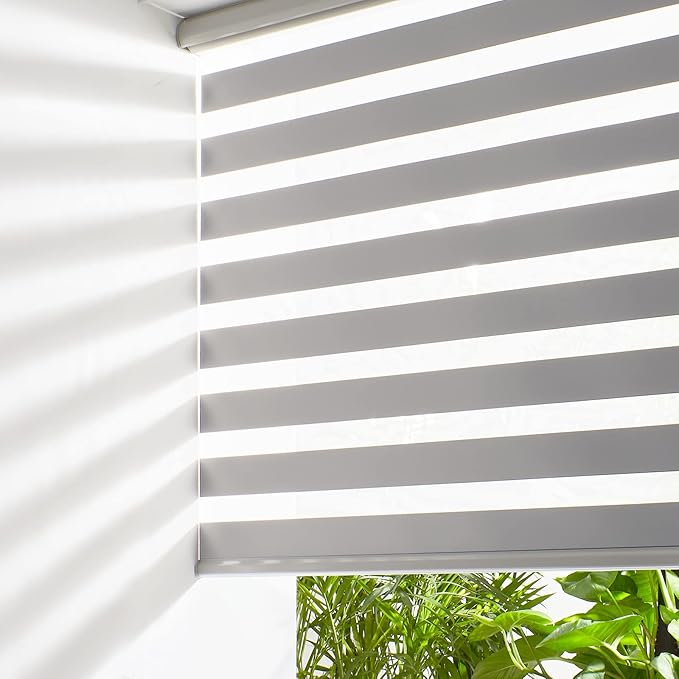 Persilux Cordless Zebra Blinds for Windows Free-Stop Window Blinds (30" W X 72" H, Grey) Dual Layer Light Control for Day and Night, Light Filtering Sheer Shades for Home, Easy to Install