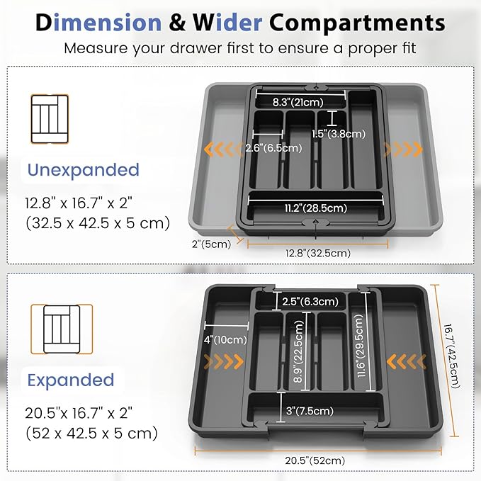 Caperci Large Silverware Organizer for Kitchen Drawer & Utensils - Expandable Drawer Organizer for Cutlery, Flatware & Gadget, BPA-Free Thick Plastic, Wider Compartments & Non-skid Feet (Black)