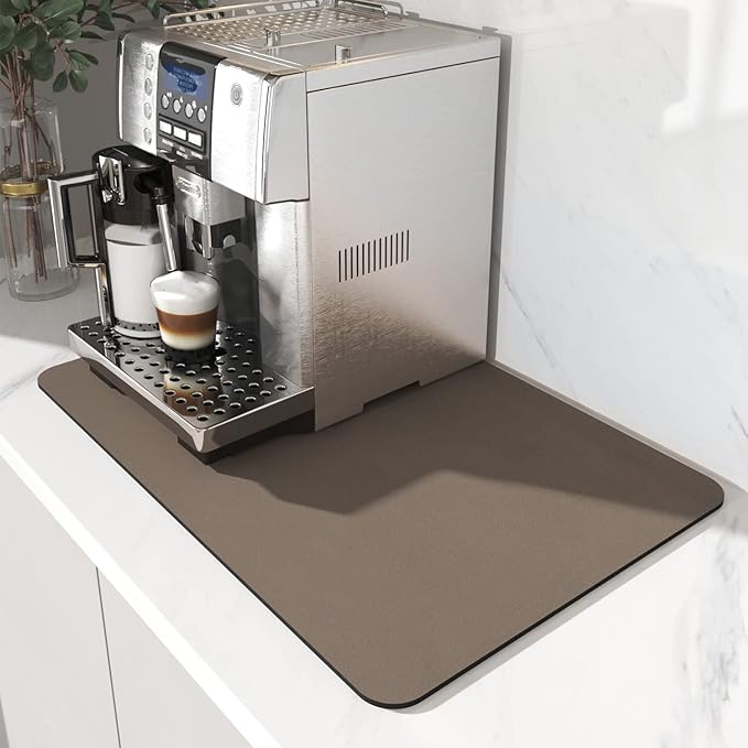 AMOAMI Coffee Mat Hide Stain Rubber Backed Absorbent Dish Drying Mat for Kitchen Counter - Brown, Fits Under Coffee Maker & Machine