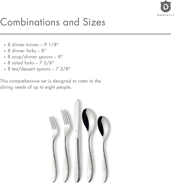 Hammered Silverware Set | Premium 18/10 Stainless Steel Flatware Service for 8 | Heavy-Duty & Dishwasher Safe | Built to Last (40-Piece, Marettimo Hammered)