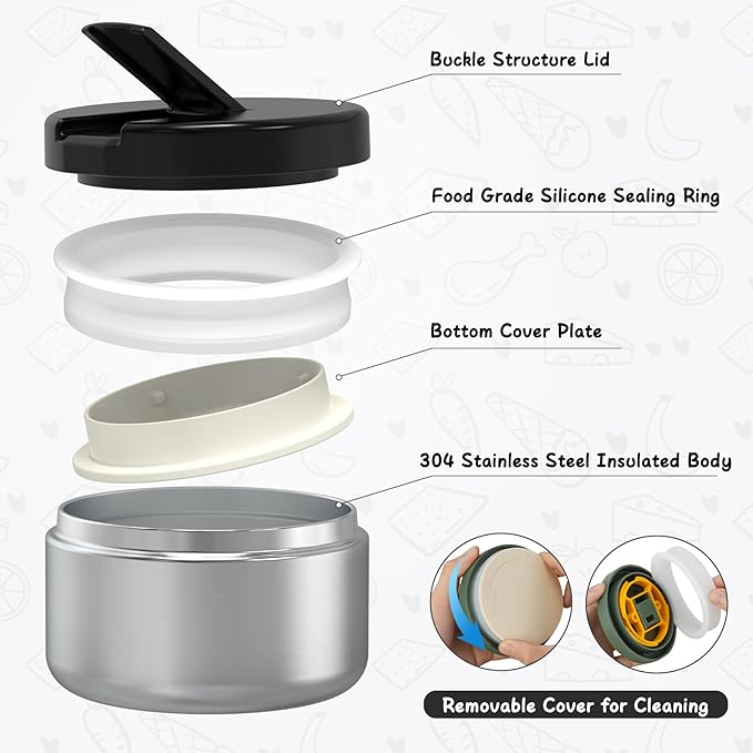 Bento Lunch Box with 8oz Soup Thermo, Leak-Proof Lunch Containers with 4 Compartment, Thermo Hot Food Jar and Insulated Lunch Box for School Black