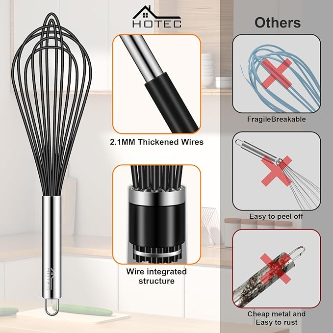 HOTEC 4 Pieces Silicone Whisks Set, Wire Balloon Whisks Egg Beater, Non-slip Handle Whisk for Non-stick Cookware Perfect for Cooking, Stirring, Beating and Blending (Black)