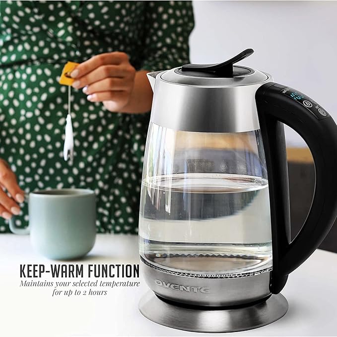 OVENTE Electric Tea Kettle with Temperature Control and Removable Tea Infuser, 1500W Water Boiler and Heater with 1.8L Borosilicate Glass, BPA Free, Auto Shut Off & Boil Dry Protection, Silver KG6610S