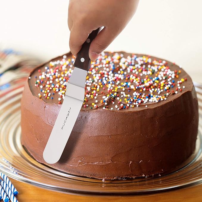 Offset Cake Icing Spatula Set of 4- Professional Stainless Steel Cake Decorating Frosting Spatulas, 4"-6"-8"-10" Flexible Resistant Blade, Wooden Handle For Easy Grip
