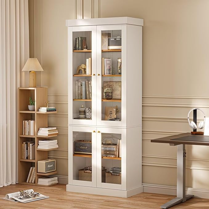 70.8" Tall Farmhouse Kitchen Pantry Cabinet with Glass Doors, Modular Wooden Storage Hutch with 6-Tier Adjustable Shelves for Kitchen or Living Room, White, Set of 2