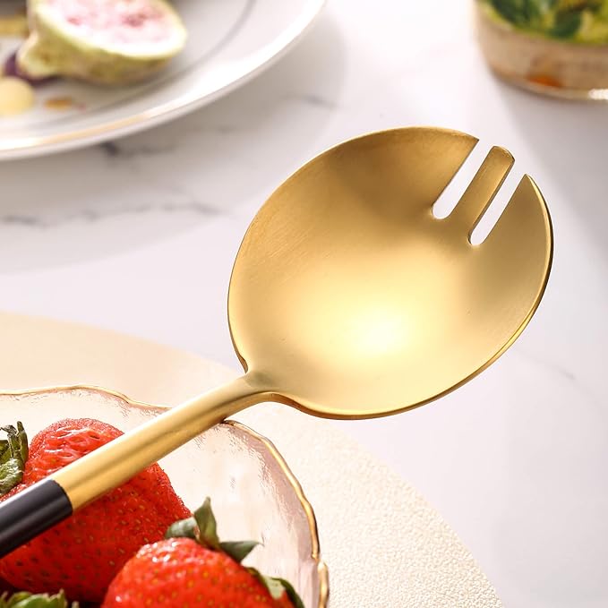 Lemeya Black Gold Salad Serving Utensils, Stainless Steel Spoons, 2Pcs Long Handle Servers 11.42 Inch, Matte Finish, Dishwasher Safe