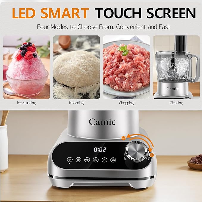 Camic 600W Food Processor, 72OZ Large Capacity Countertop Electric Vegetable Chopper with 6 Preset Programs,BPA Free, Stainless Steel Blades for Ice Crushing, Mixing, Chopping,Clicing