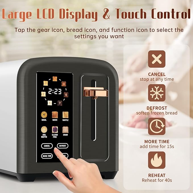 SEEDEEM Toaster 2 Slice with Touch Screen, Faster Heating Speed, 7 Shade Setting, 6 Bread Type, 1.5”Wide Slots Toaster, Removable Crumb Tray, 1350W, Dark Metallic