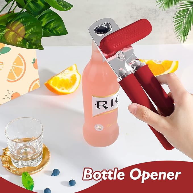 10 Colors, Manual Handheld Heavy Duty Hand can Opener Smooth Edge Stainless Steel, Top Lid Kitchen Gadgets, Best Large Rated Easy Turn Knob, with Bottle Opener, Red