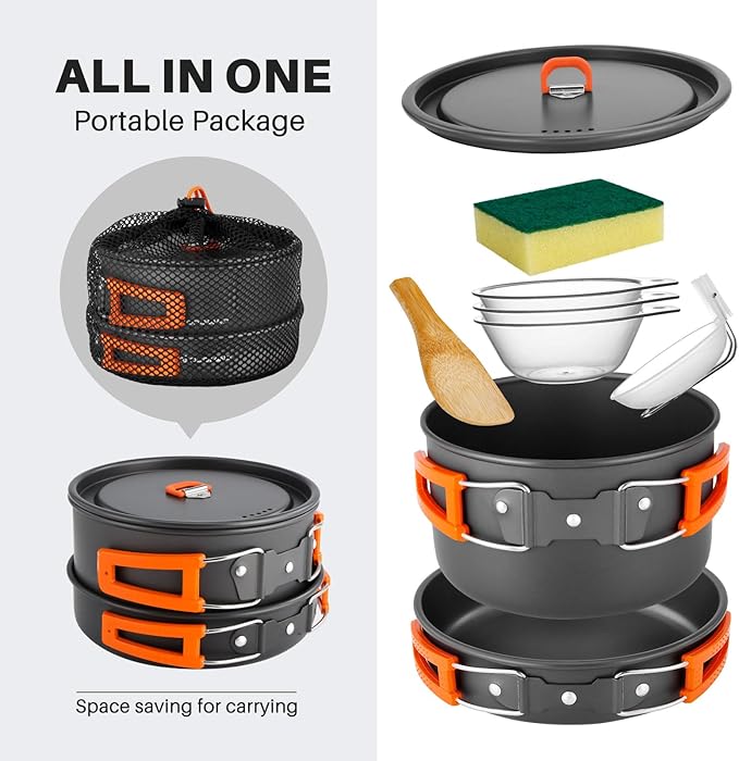 Odoland 9pcs Camping Cookware Non-Stick Lightweight Pots and Pans Set with Plastic Bowls Soup Spoon for Backpacking, Outdoor Cooking and Picnic