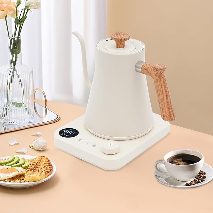 0.9L Electric Kettles, Gooseneck Electric Kettle with Stainless Steel Inner, 104-212℉ temperature adjusted,Quick Heating for Pour Over Coffee, Brew Tea, Boil Hot Water (White)
