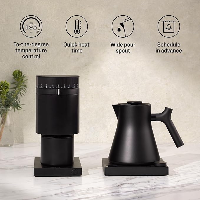Fellow Corvo EKG Pro Electric Tea Kettle - Quick Heating, Precise Temperature Control Electric Kettle, Scheduling, Built-in Brew Timer for Boiling Water - Matte White with Maple Handle - 0.9 Liter