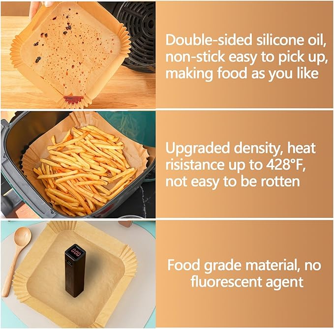 9 Inch Air Fryer Liners, 125PCS Non-Stick Air Fryer Paper Liners Disposable, Oil-Proof & High-Temperature Resistant Square Baking Paper for Air Fryer, Microwave and Oven（Bottom Is 8 Inch）