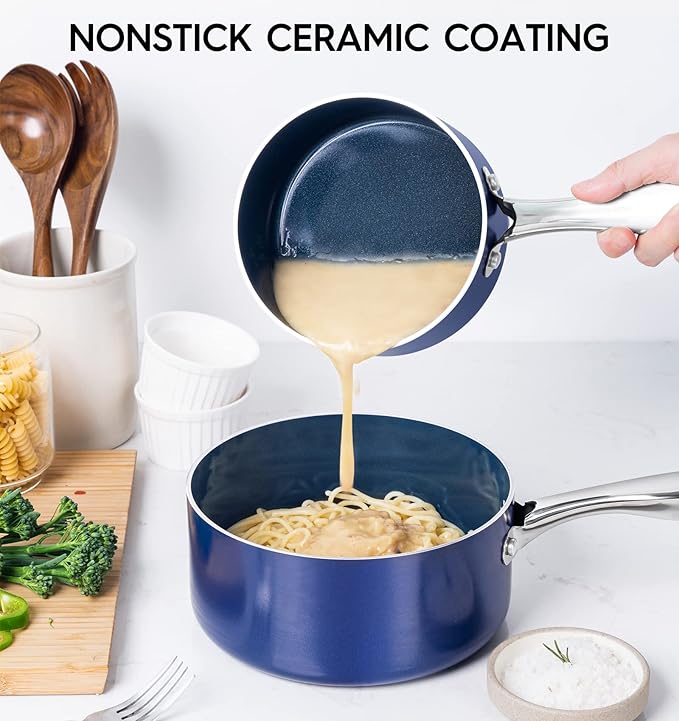 MICHELANGELO 4 Quart Saucepan with Lid, Nonstick Ceramic Sauce Pan with Stainless Steel Handle, 4 Qt Saucepan with Lid Induction Compatible, Oven Safe, Blue