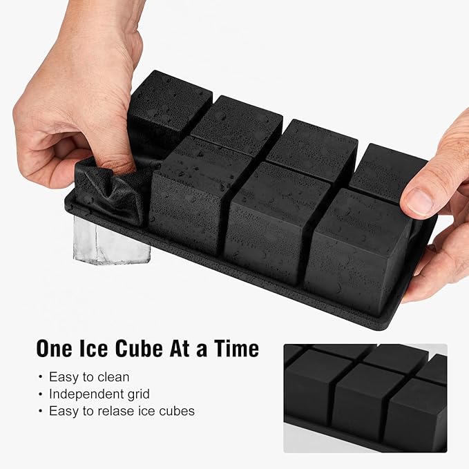 Samuelworld Large Silicone Ice Cube Tray Molds, 2-Pack, Big 2 Inch Cubes - Food Grade, Flexible, 8 Cavity Easy Release Slow Melting Ice for Whiskey, Cocktails, Gifts & Christmas - Black
