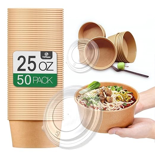 50 Pack 25 Oz Large Paper Bowls with Lids, Disposable Soup Serving Bowls Bulk Party Supplies for Hot/Cold Food, Soup (25 OZ)