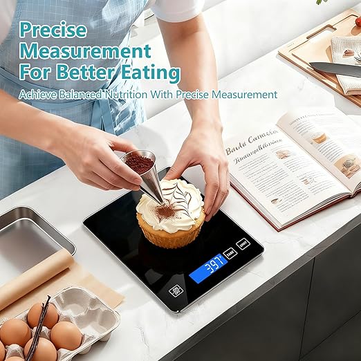 Food Scale, Digital Kitchen Scale 22lb/10kg Steel and Tempered Glass with 1g/0.1oz Precision, Tare & 10 Units, LCD Display for Baking, Cooking, Meal Prep, Coffee, Postage Black