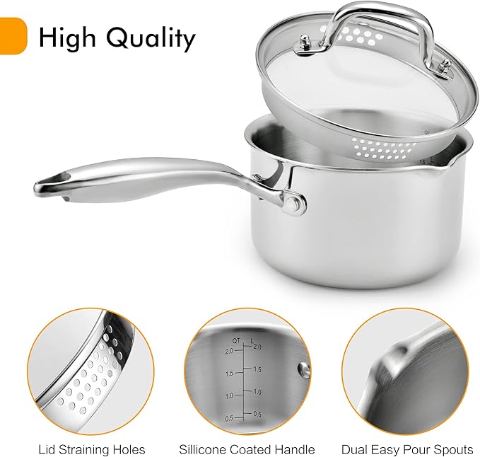 Cyrosa 2.5 Quart Saucepan with Strainer Lid, Stainless Steel Sauce Pot, Sauce Pan for Stove Top, Two Side Spouts for Easy Pour, Dishwasher Safe