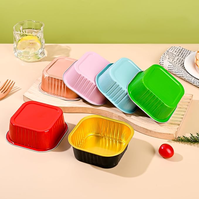 Mini Cake Pans With Lids (10oz,40 Pack) 4”x4” Aluminum Foil Square Cupcake Liners Brownie Baking Cups, Disposable Large Cupcake Pan, Jumbo Muffin Tin Ramekins Holders