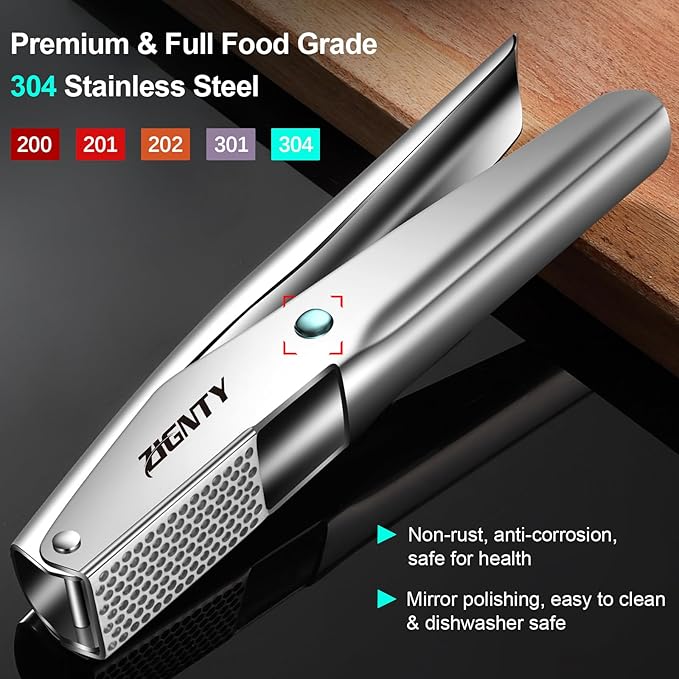 Professional Garlic Press Stainless Steel, Garlic Mincer No Need to Peel, Large Trough Garlic Crusher, Ergonomic Handle Garlic Ginger Presser Masher, Easy Squeeze Rust Proof Dishwasher Safe