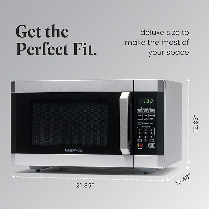 Farberware 1.6 Cu. Ft. Countertop Microwave Oven – 1100 Watts Power, Smart Sensor Auto Cook Settings, Defrost, Easy Clean and Child Safety Lock - Stainless