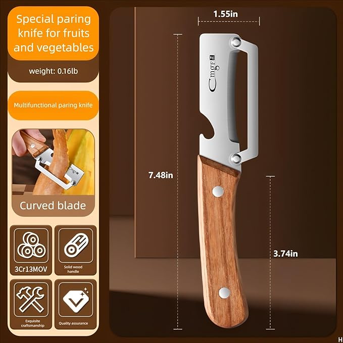 Premium Vegetable Peeler with Wooden Handle and Bottle Opener Stainless Steel Blade Kitchen Tool for Fruit Apple Potato Pumpkin Papaya Zucchini