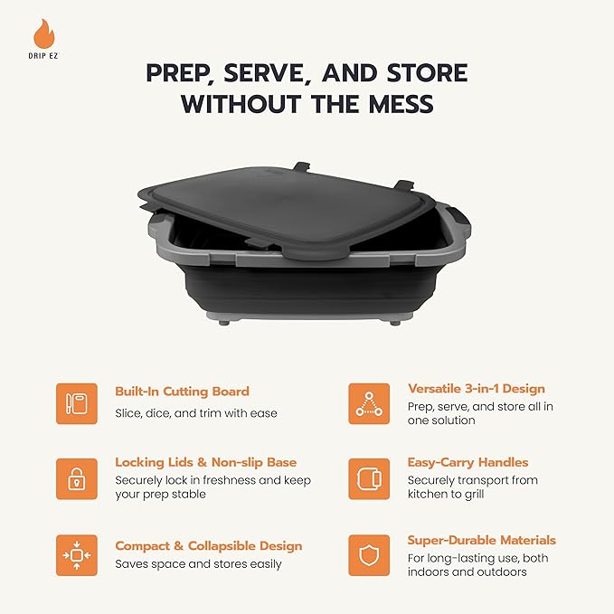Drip EZ Collapsible BBQ Prep Tubs 3-Piece Set - For Meal Prep Marinating Food Storage - Includes Cutting Board & Lid - (1) JR + (1) OG + (1) XL - Green