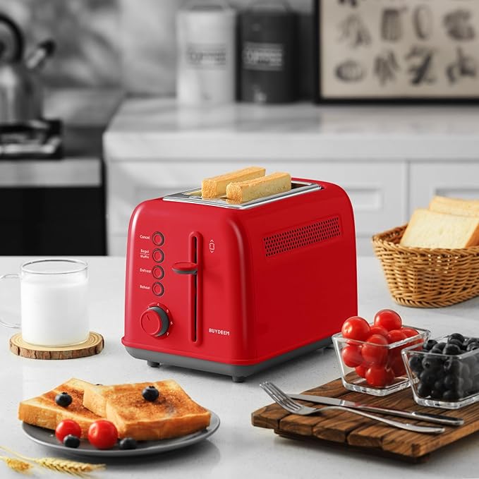 BUYDEEM DT620 2-Slice Toaster, Extra Wide Slots, Retro Stainless Steel with High Lift Lever, Bagel and Muffin Function, Removal Crumb Tray, 7-Shade Settings,Red