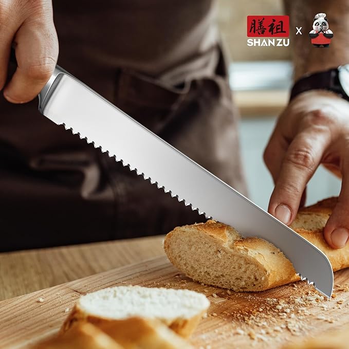 SHAN ZU 10" Bread Knife - Sourdough Slicing Knife Professional German 1.4116 Stainless Steel Serrated Blade, Ergonomic Wood Handle & Full Tang Design, Gift Box Included (Single-Edge